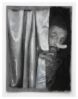 &raquo;Hinterm Vorhang. (Studie zu Geschindel und Gewrangel)&laquo; 2023, acrylic on prepared cardboard, 20cm &times; 15cm