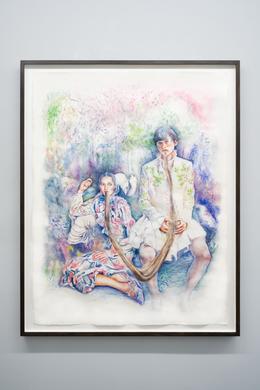 &raquo;Unicorn Dinner&laquo; 2021. watercolour, gouache, colour pigments, graphite and colored pencils on paper, 140 x 109 cm