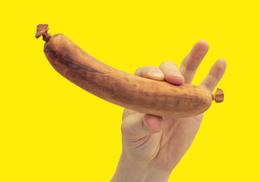 Sebastian Neeb - sausage with hand, 2016, carved wooden sausage