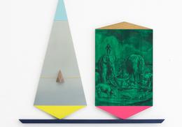 »Absurdes hinter Heliogrün vs Dreiecksform mit kantiger Nase und Orangenhaut« 2016, Lack auf Metall auf Holzleiste, 70 x 76cm