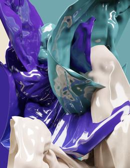 Christian Holze &raquo;Cloth Collision (21)&laquo; 2021. Acryl und Firniss auf Inkjetdruck auf Leinwand, r&uuml;ckseitig bedrucktes Aluminium, Acrylglas, Label. 135 x 105 cm