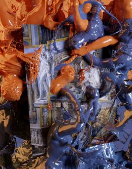 Christian Holze &raquo;Ruins and Sculpture (NN 2205)&laquo; 2022. Acryl und Firniss auf Inkjetdruck auf Leinwand, r&uuml;ckseitig bedrucktes Aluminium, Acrylglas. 81 x 63 cm